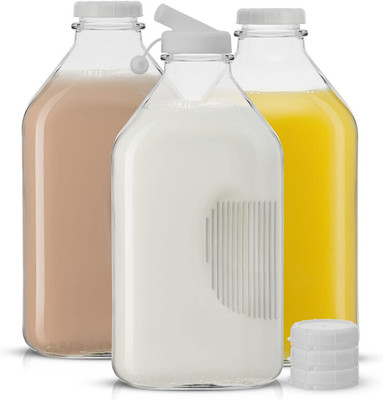 Glass Milk Bottles with Lids and Pourer   64 Oz, 3 Pack Airtight Heavy Duty Reus