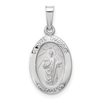 14k Weißgold poliert und satiniert hohl oval St. Jude Thaddäus Medaille Anhänger