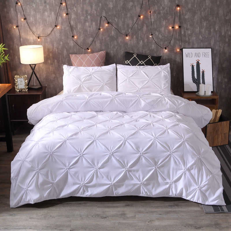 3 Piece Bedding Set Pinch Pleated Quilt Duvet Cover Pillowcase Double Sided Grey - Image 4 of 4