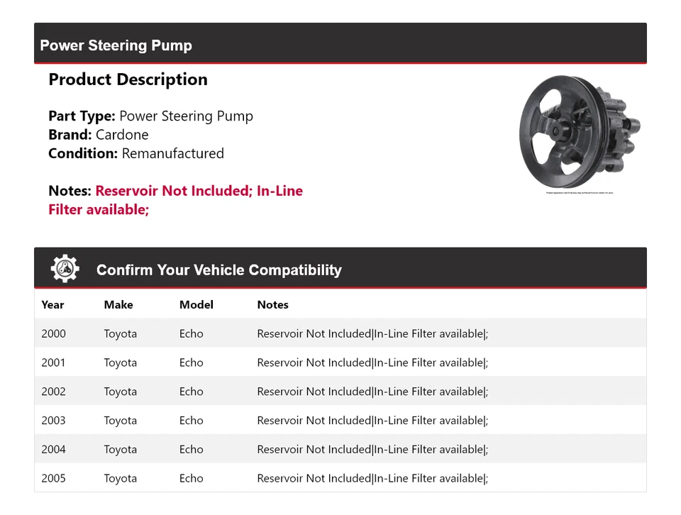 Bomba de dirección asistida Cardone 2001 2002 2003 2004 para Toyota Echo 2000-2005 Foto 2 de 4