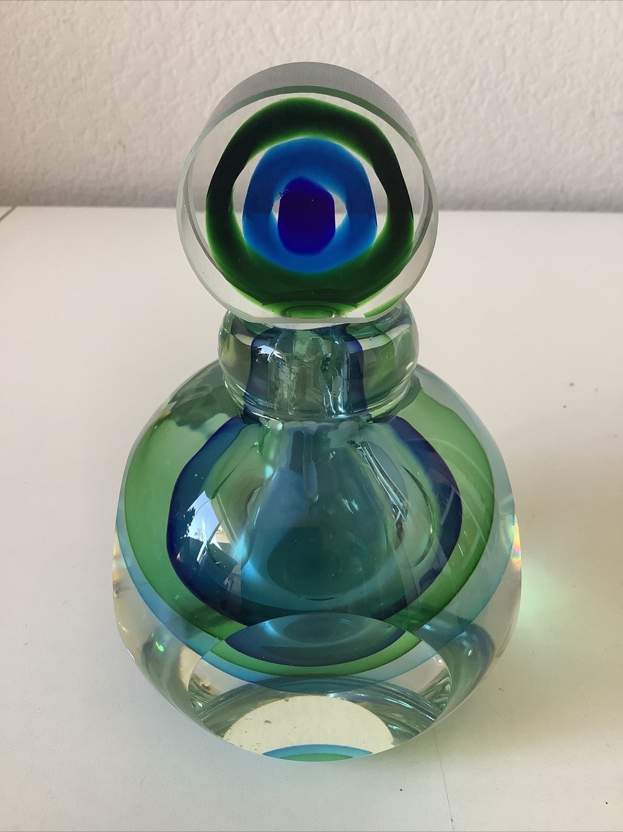 Vintage Murano Style Sommerso Art Glass Green Blue Perfume Bottle