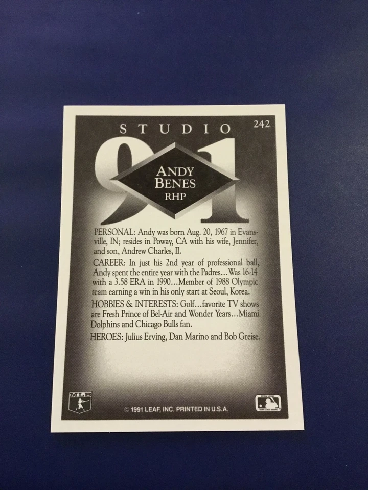 1991 Donruss Studio # 242 ANDY BENES San Diego Padres Great Card !  - Image 2 of 2