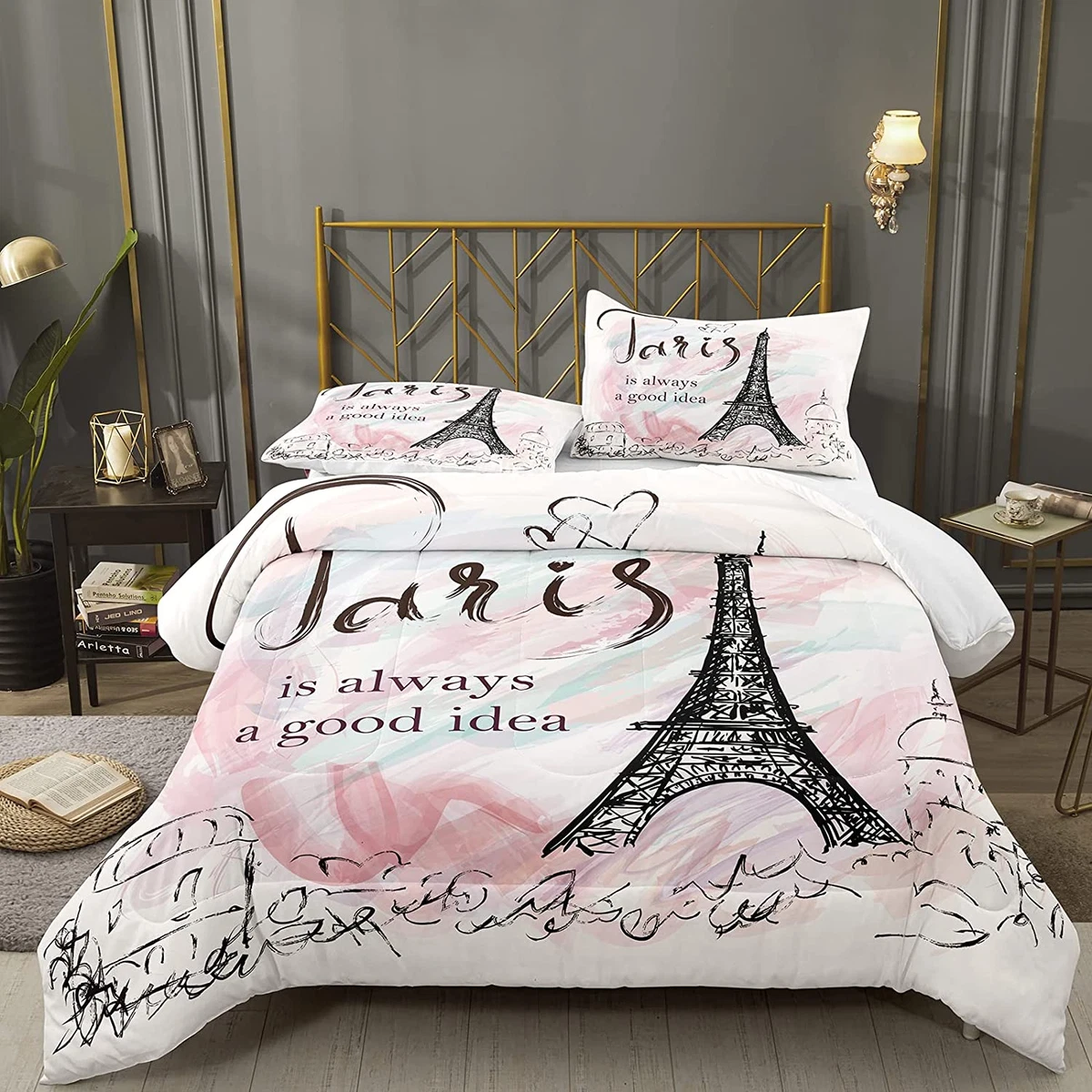 Full Size Paris Comforter Set Girls Pink Bedding Set Cartoon Eiffel Tower Comfor