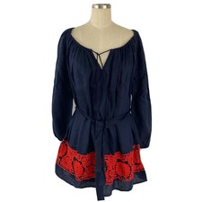 J Crew Oversized tunic Mini DressBlue Linen Floral Embroidered Peasant XXS