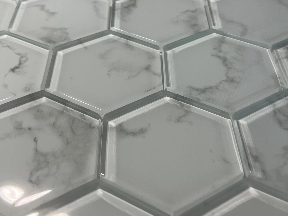M13N белый/серый стеклянный шестиугольник мозаика плитка кухни ванной фартук, 7 листов - Изображение 3 из 4