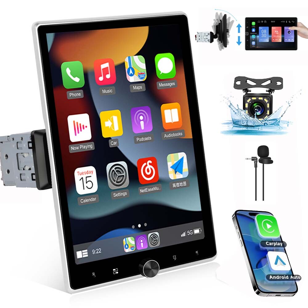 10.4'' 1 Din Car Stereo Apple CarPlay Android Auto Rotatable
