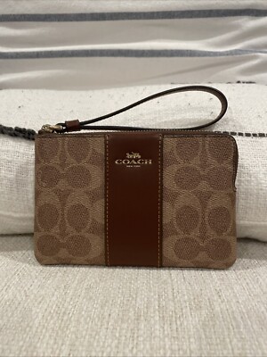 NEW COACH SIGNATURE MONOGRAM CORNER ZIP WRISTLET WALLET With Stripe IN Tan/Brown