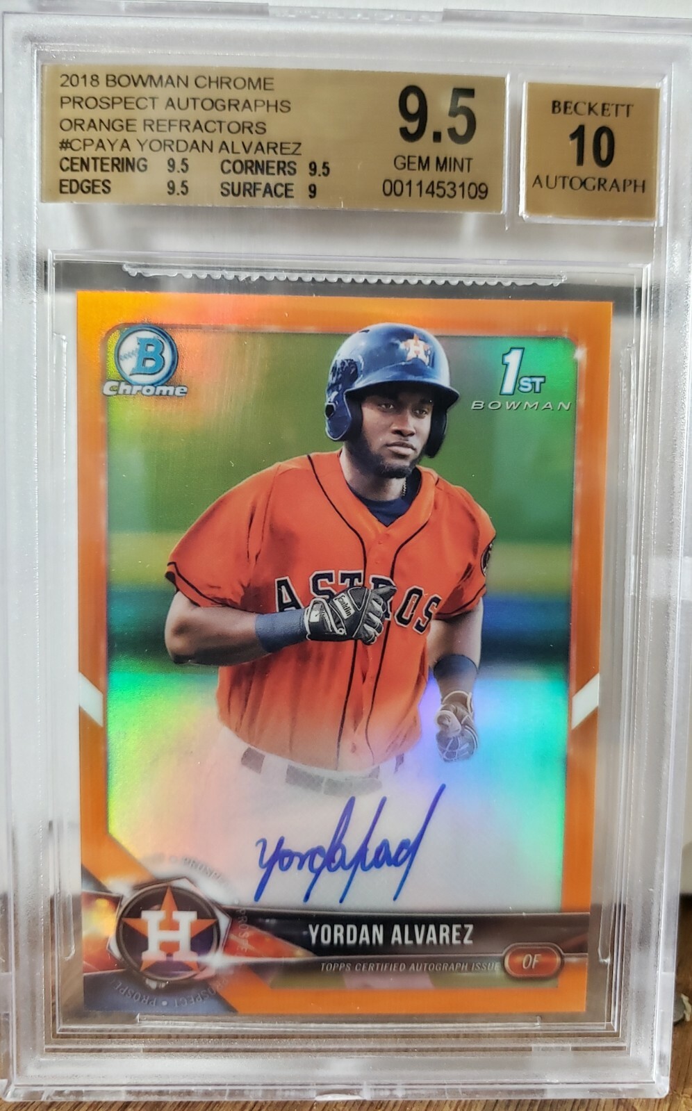 Yordan Alvarez 2018 Bowman Chrome RC ORANGE REFRACTOR Auto #'d /25 BGS 9.5 / 10