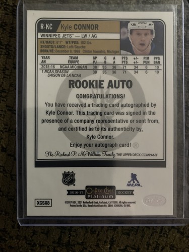 16/17 O-Pee-Chee Platinum Rookie Auto #R-KC Kyle Connor Winnipeg Jets - Picture 3 of 3