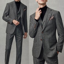 Men's Suit Herringbone Tweed Notch Lapel Single Breasted Jacket Winter Business