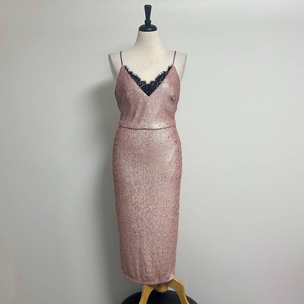 Allen Schwartz Pink Sequins Black Lace Sleeveless V Neck Bodycon Midi Dress  NWT | eBay