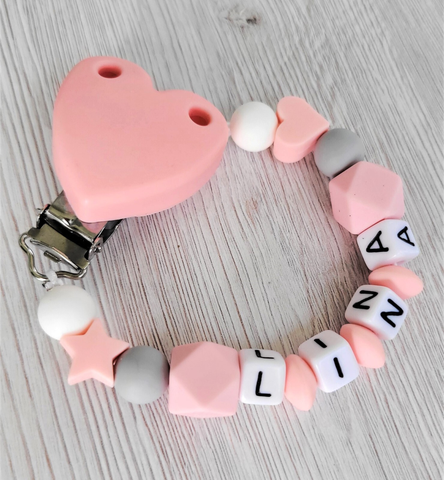 Schnullerkette aus Silikon mit Name - personalisiert - Baby - Herz - Rosa