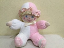 BANTAM PLUSH FIRST SOFT DOLL RATTLE/LOVEY, PINK AND WHITE TERRYCLOTH, 10 IN.,
