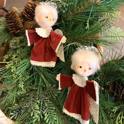 Vintage 1960s Angel Christmas Ornament Velvet Dress Hand Painted Flocked Face x2