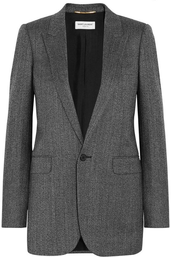 Elegante cappotto Saint Laurent singolo bottone grigio motivo spina di pesce Made in Italy
