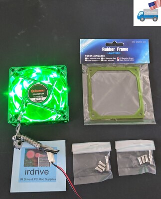 NEW Enermax 80mm Green 3pin LED PC Cooling Fan + UV Sensitive Anti-Vibration Pad