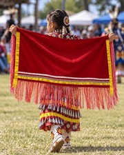 Native American Child's Powwow Dance Shawl Red Yellow Ribbon Pink Fringe 29.5"