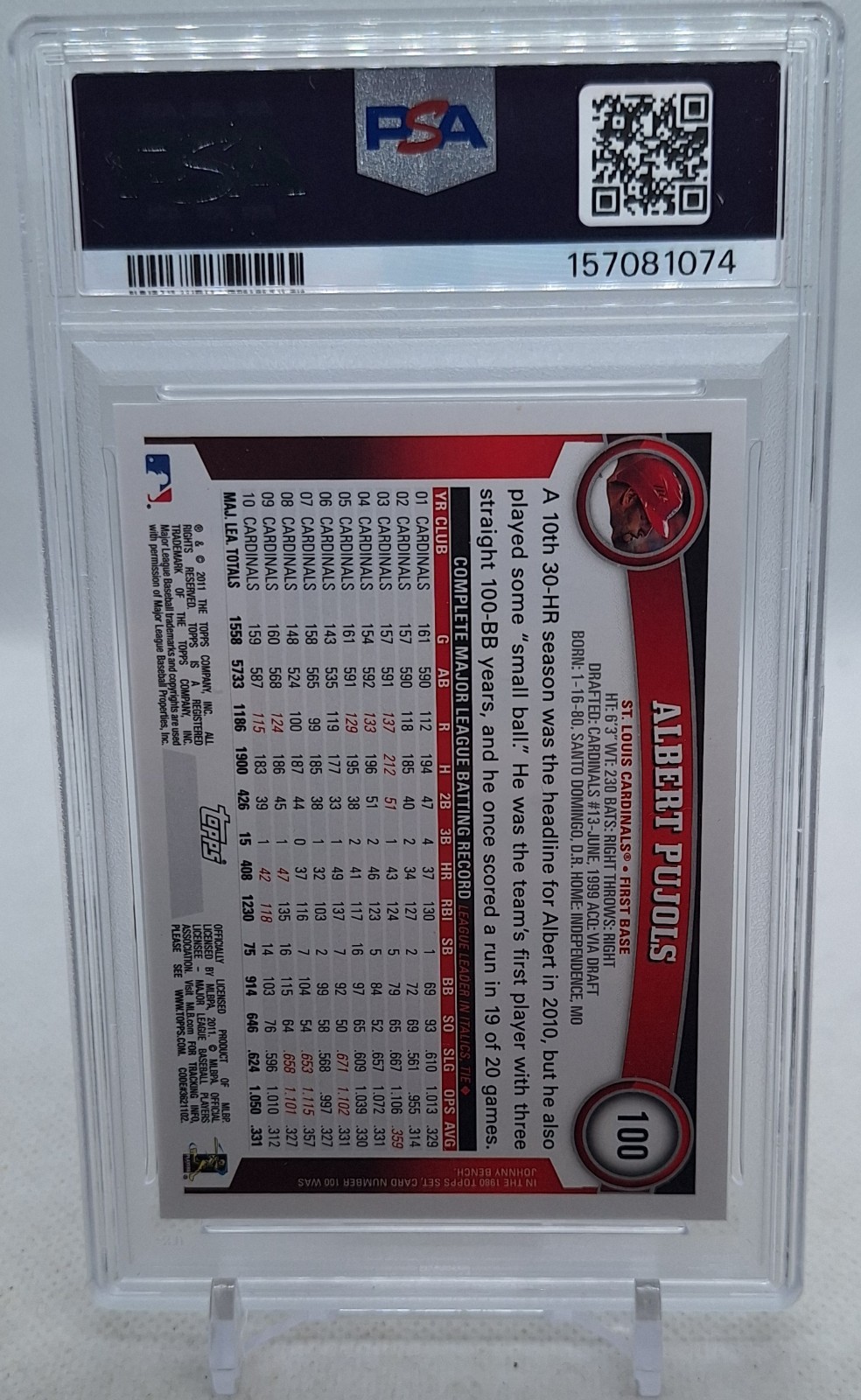 ALBERT PUJOLS 2011 TOPPS  No.100  PSA GEM 💎 MINT  10 view 3