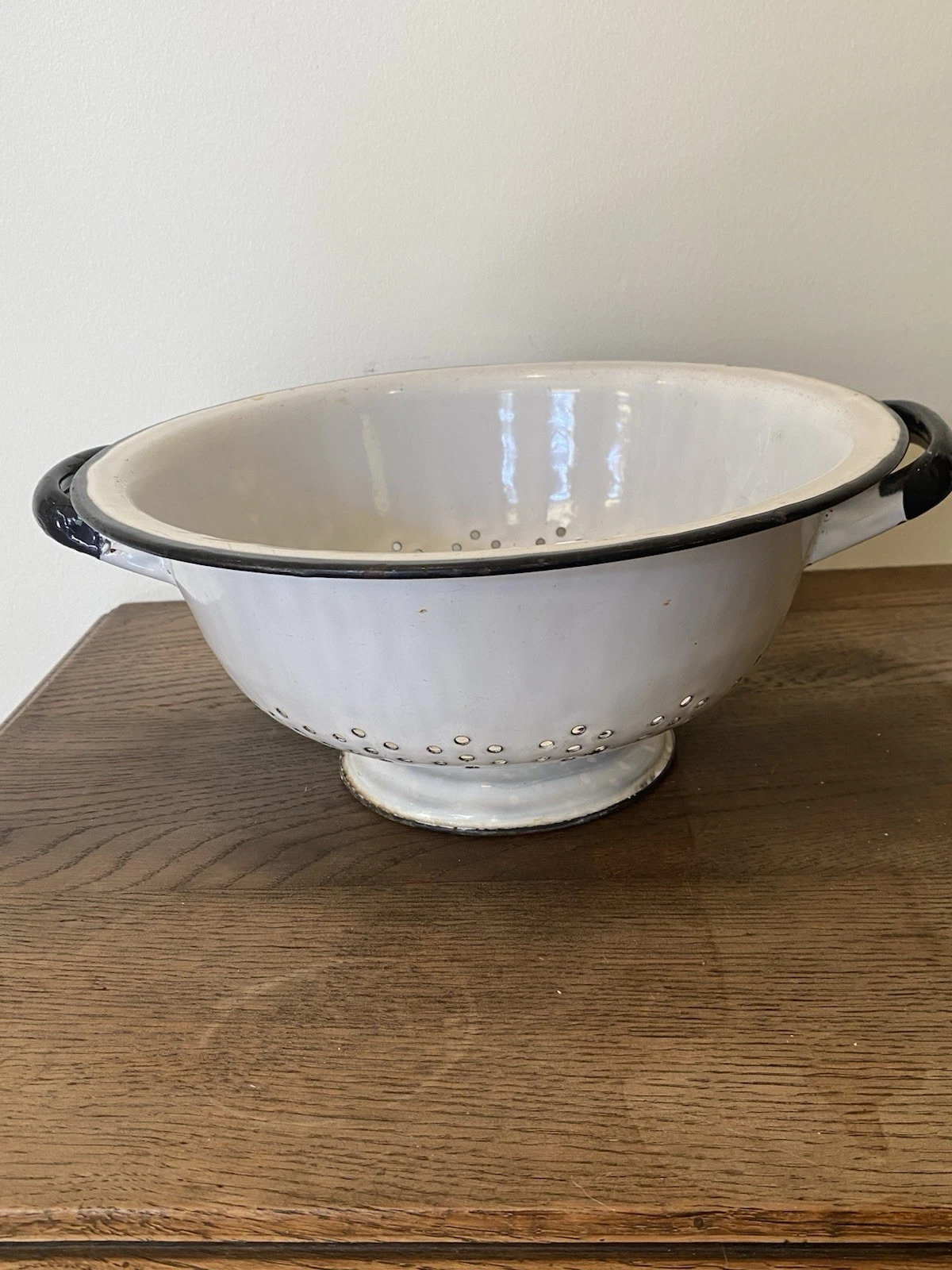 Vintage Enamel Colander White Black Rim 11.5” Kitchen