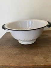 Vintage Enamelware Colander White Black Rim 11.5” Kitchen