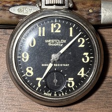 Vintage Westclox Scotty Pocket Watch Black Luminous Dial Works Winds Sets Ticks