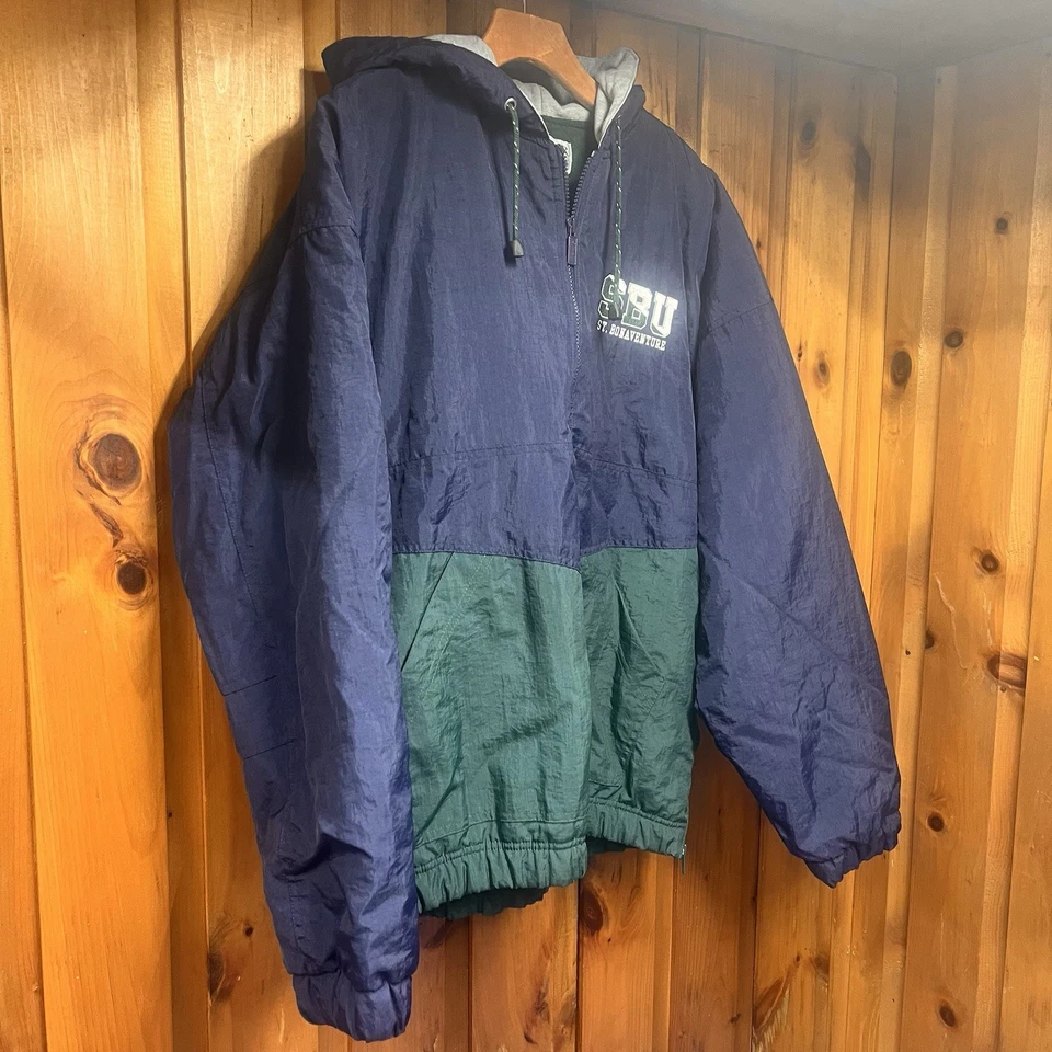 Pulôver masculino vintage St. Bonaventure jaqueta grande verde/azul 1/4 zíper com capuz anos 90 - Imagem 3 de 4