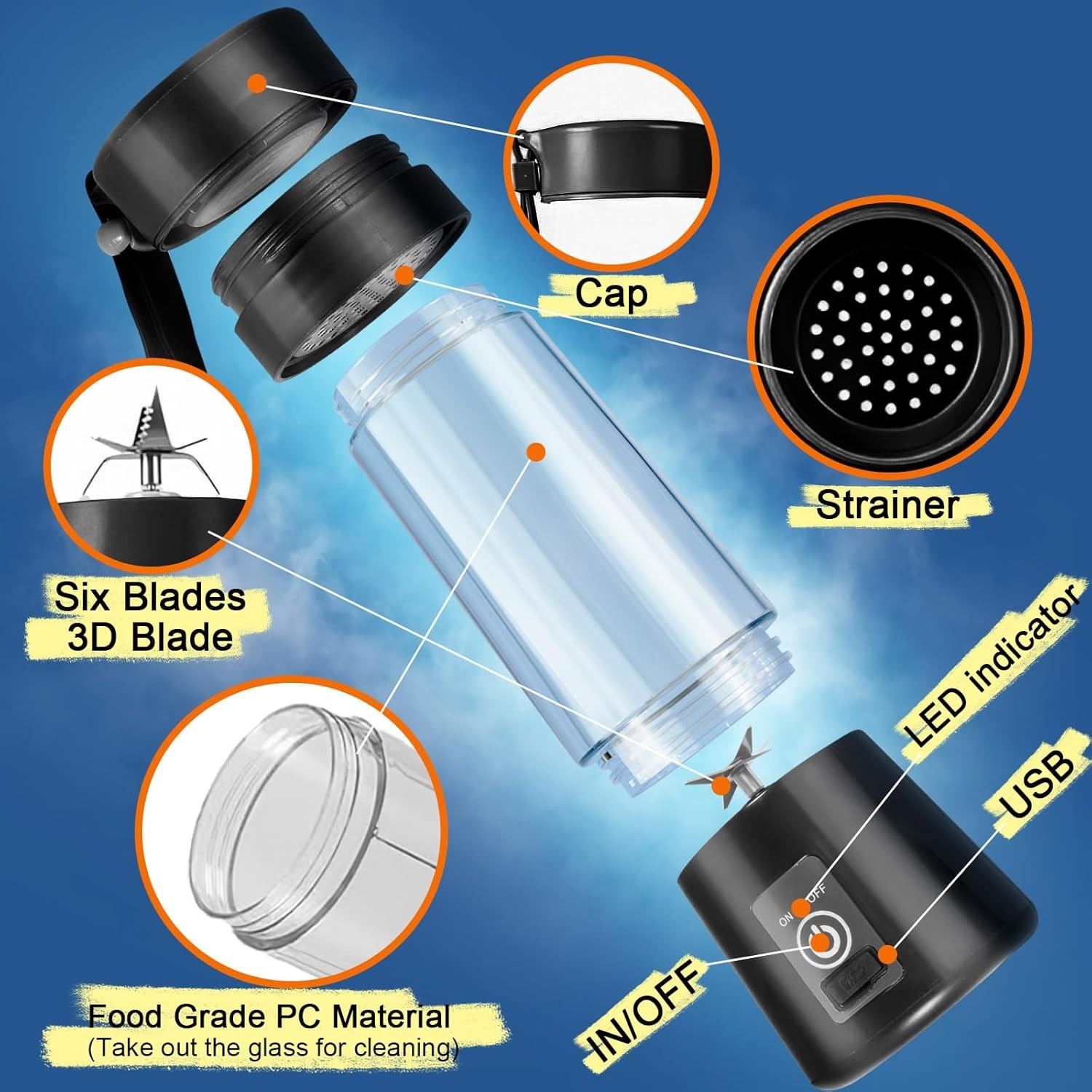 Portable Blender, Personal Size for Shakes and Smoothies with 6 Ultra Sharp Blad