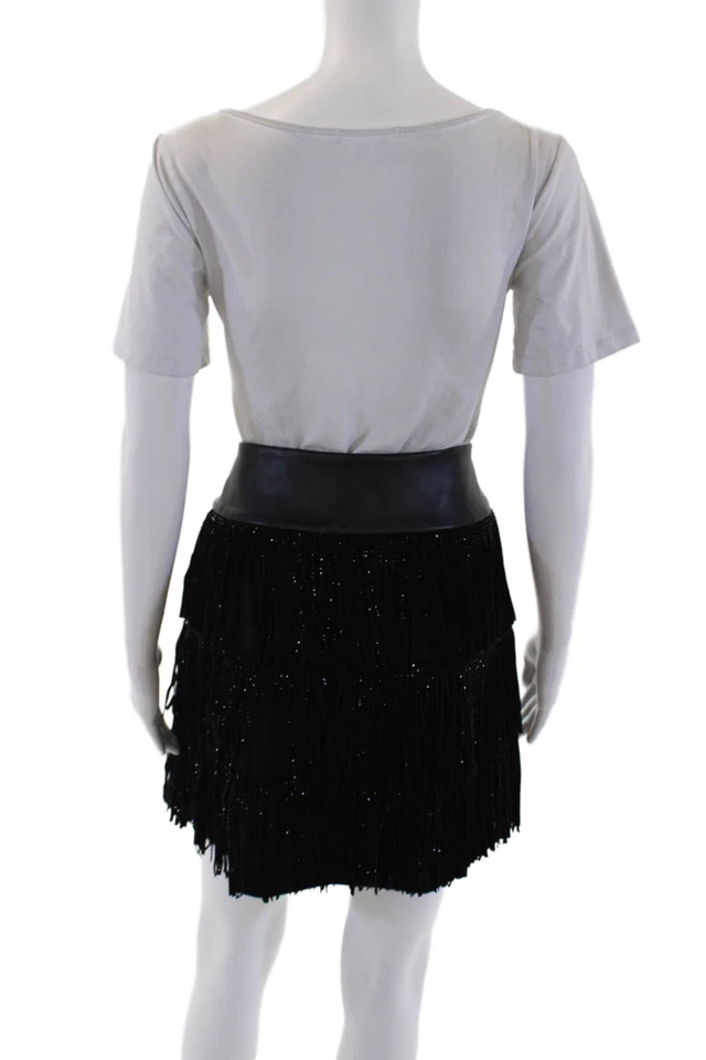 DKNY Womens Faux Leather Beaded Fringe Mini Skirt Black Size 12 - Image 3 of 4