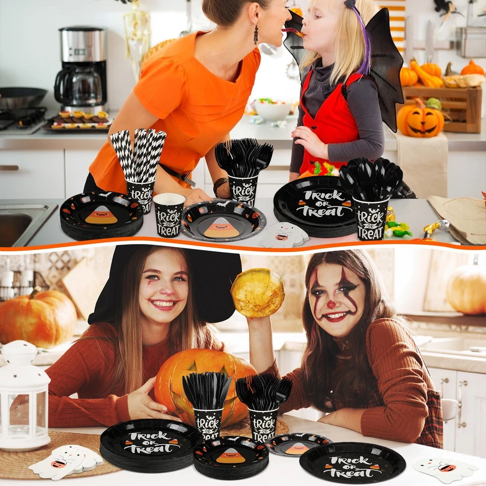 Juego de vajilla de truco o trato suministros para fiestas de Halloween de 400 piezas papel cena pl... Foto 4 de 4