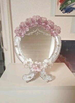 Murano Glass Mirror Pink Flower Venetian Art Glass Original Vintage Mirror Plate