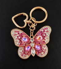 Pink Rhinestone Butterfly Keychain Purse Charm Bag Charm Gold Tone Crystal Bling