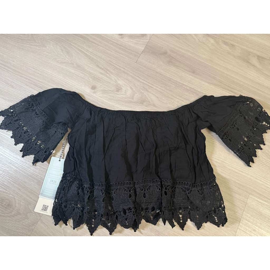 Iris Black Crochet Lace Off Shoulder Crop Top Boho Festival Size L