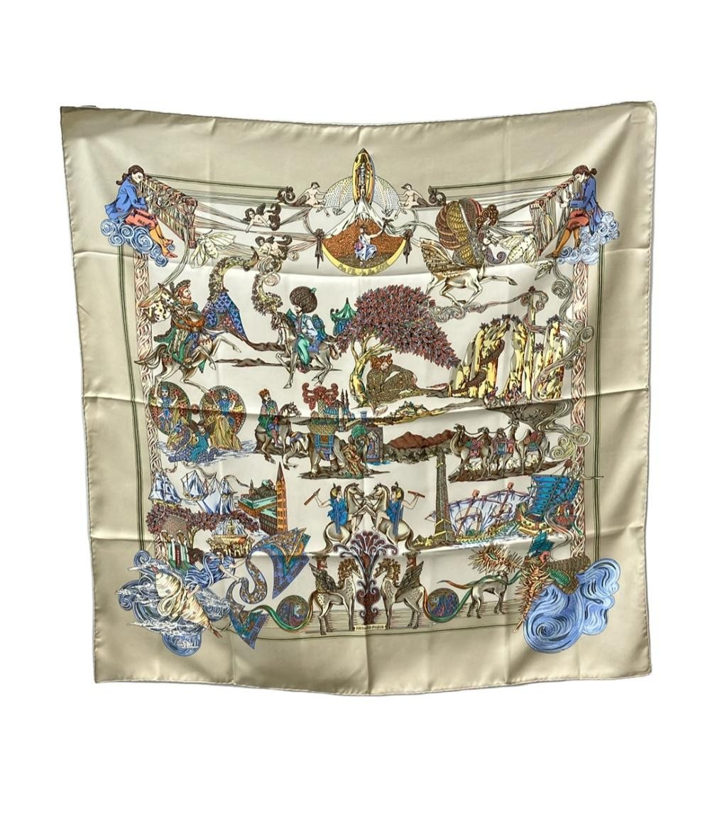 Hermes Scarf Carre 90 Silk Beige Ladies Used Excellent Condition