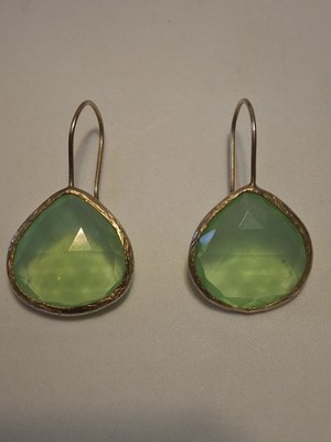 VTG Goldtone 925 Sterl. Silver Diamond Cut Bevel Set Milky Green Glass Earrings