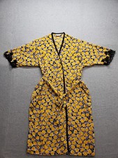 Natori II Women Kimono Robe M Yellow Floral 3/4 Sleeve Lace Trim Belted Comfort
