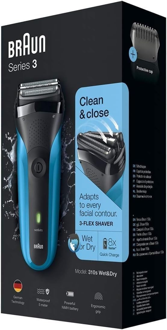 Braun Series 3 310s Wet &Dry Rechargeable Electric Shaver - Clean & Close - Blue