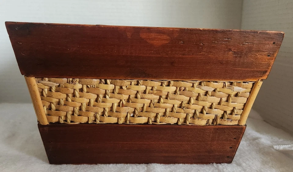 Wooden Trapezoid Box With Rattan Accents - Measures 11"L  X 9"W X 5"H - Image 4 of 4