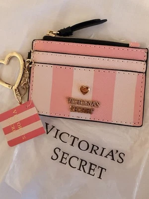 VICTORIA'S SECRET New Victorias Secret Pink Iconic Stripe Y2K Style Cardholder Heart Keychain Bnwt