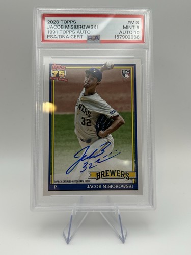 2026 Topps Series 1 Jacob Misiorowski RC Auto 1991 #91A-MIS Brewers PSA 9/10