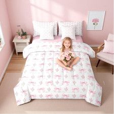 Bow 7 Piece Comforter Set Twin Bed in a Bag for Girls Kids,Girly Pink Floral Coq