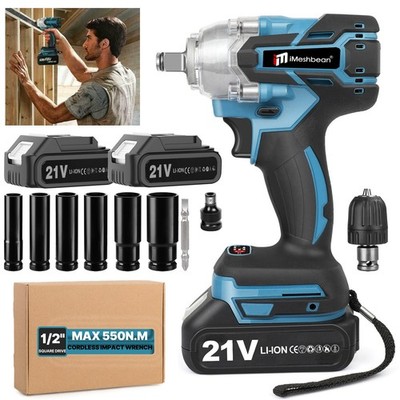 Cordless Electric Impact Wrench Nut Gun 1/2'' High Power Drill Driver 2x Battery