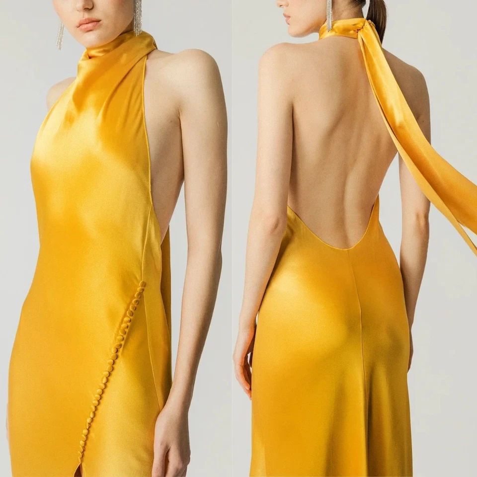 NUEVO CON ETIQUETAS Sau Lee Penélope Vestido de Satén Sin Espalda EE. UU. 4 Dorado Amarillo Vestido de Noche Formal Foto 3 de 4