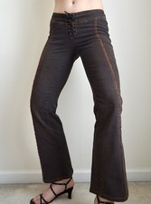 Plein Sud black and brown denim low rise flare jeans with lace up front