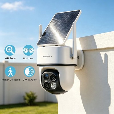 Wansview Wireless Solar Security Camera Outdoor 2K Home WiFi Dual Lens 360°PTZ