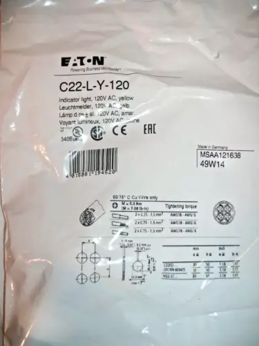 EATON C22-L-Y-120 YELLOW 120V INDICATOR LIGHT - 8 AVAILABLE