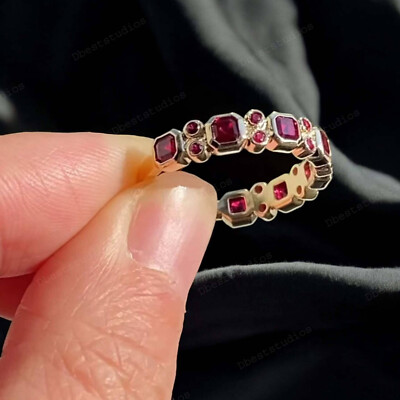 925 Sterling Silver Half Eternity Octagon Cut Ruby Lab Created Gemston Band