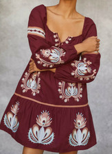 Anthropologie Women's Let Me Be Embroidered Tunic Dress Raspberry Red Size S