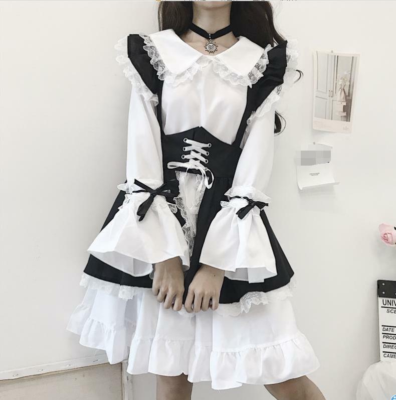 4XL Womens Bow Ruffle Lolita Maid Dress 6Pcs Cute Japanese Cosplay