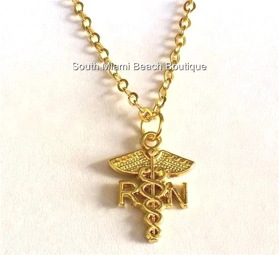 HERMÈS Collana oro RN infermiera caduceo placcato ciondolo regalo infermieristica laurea USA 17"