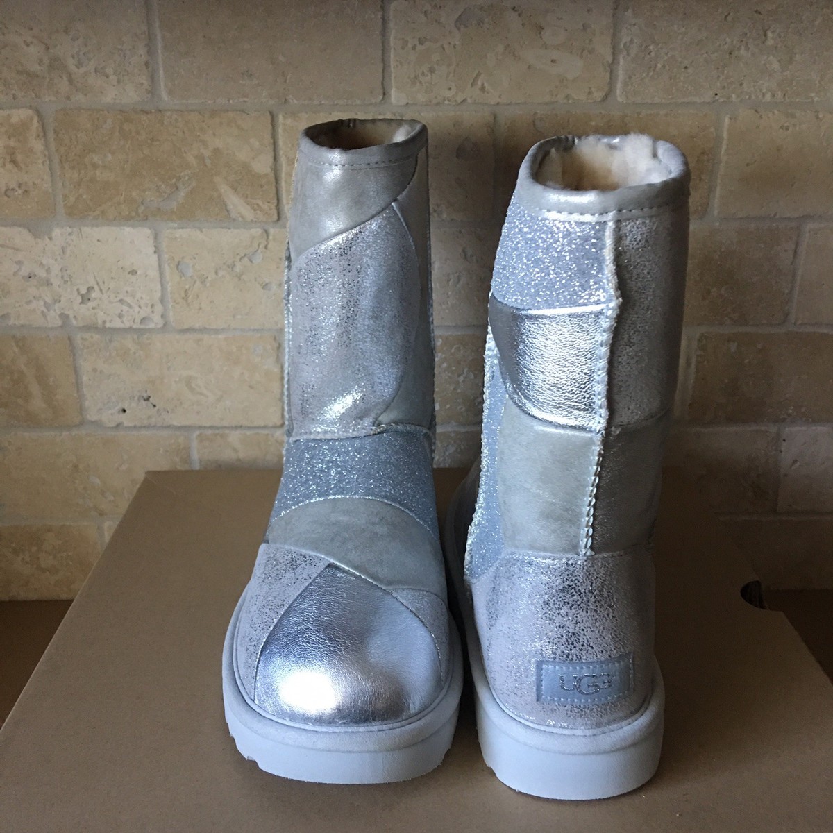 UGG Classic Glitter Patchwork Suede Fur Silver Sparkle Short Boots